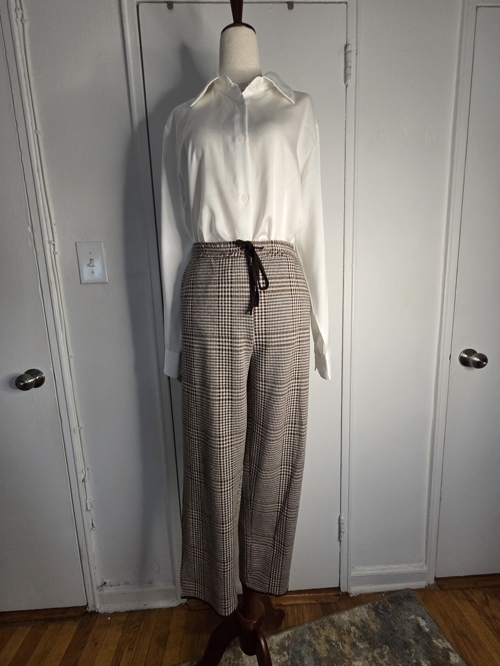 Zara Beige/Brown Plaid Wide-Leg Drawstring Pants
